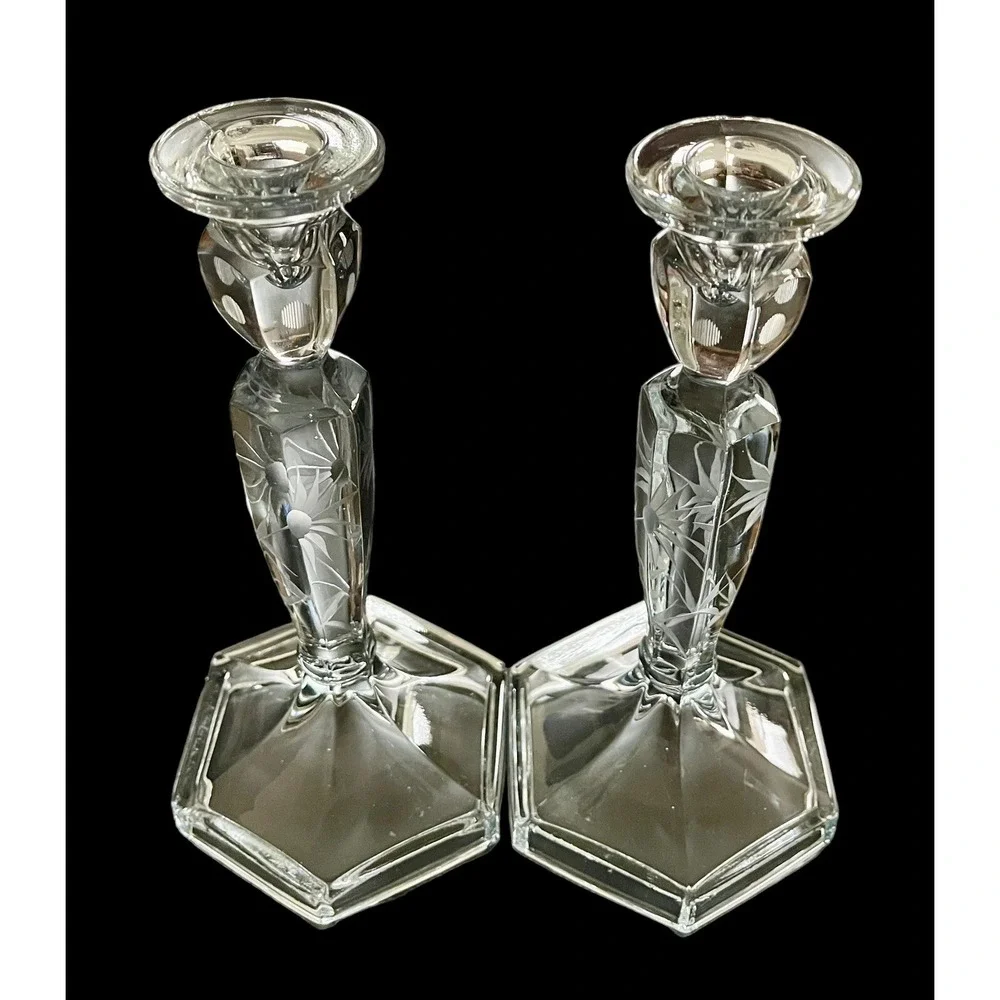 Vintage Pair Of Floral Etched Clear‎ Glass Candlesticks 8-1/2